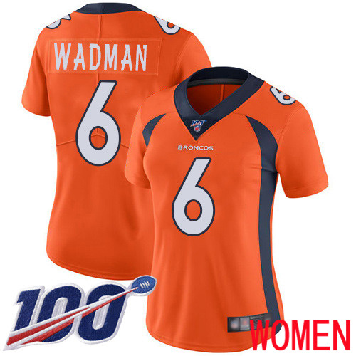 Women Denver Broncos #6 Colby Wadman Orange Team Color Vapor Untouchable Limited Player 100th Season Football NFL Jersey->women nfl jersey->Women Jersey